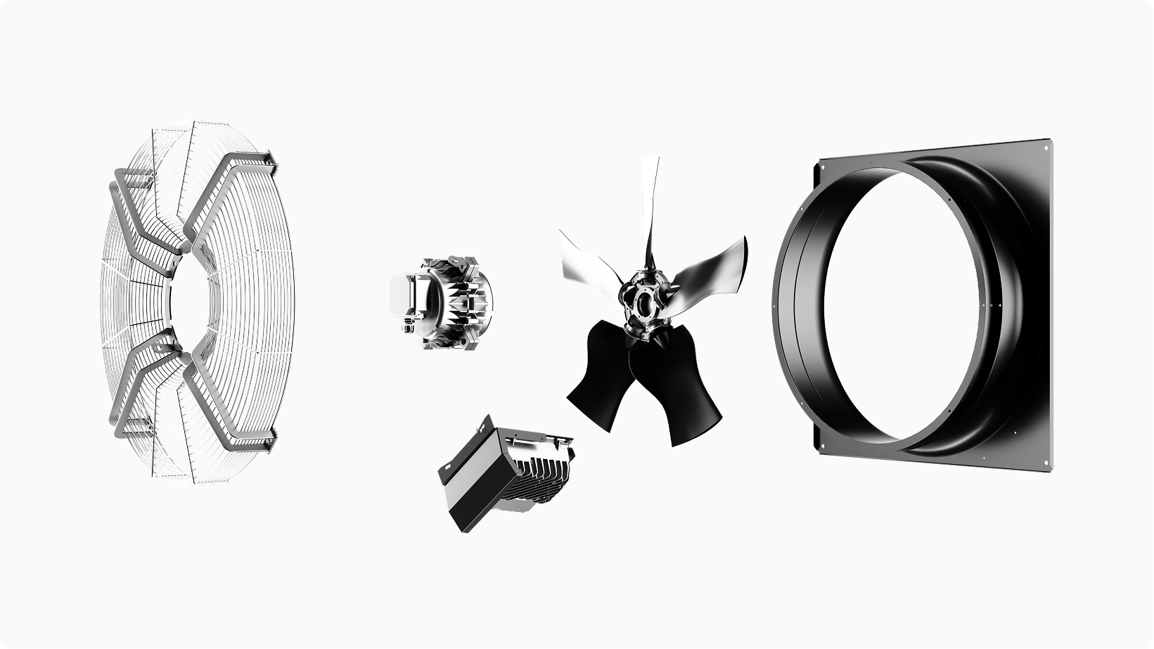 Exploded view of a modular axial fan