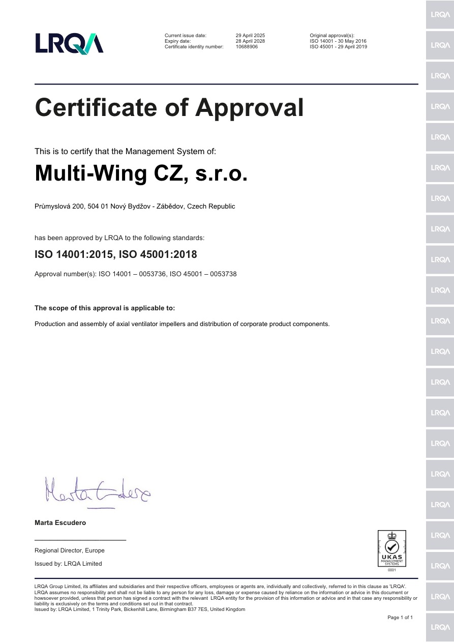 Certificate of Approval, Multi-Wing CZ, s.r.o.