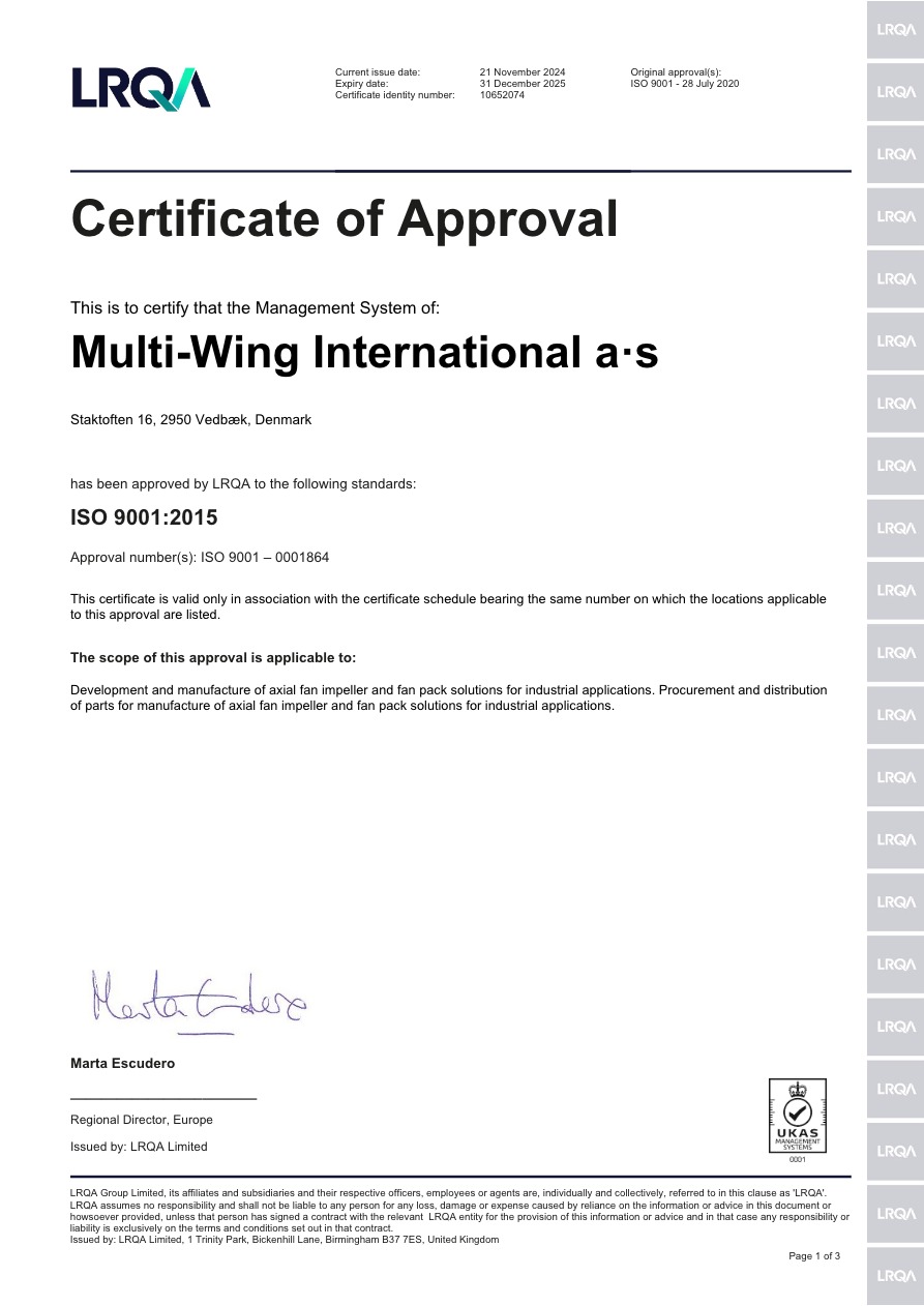 Certificate of Approval, Multi-Wing International a·s