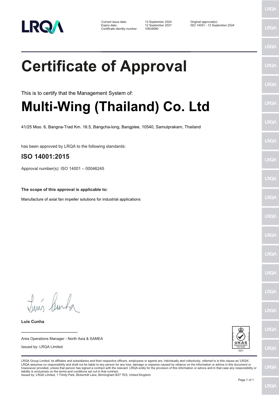 Certificate of Approval, Multi-Wing (Thailand) Co. Ltd