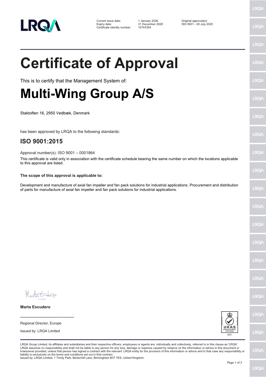 ISO 9001:2015 Quality Management Certificate for Multi-Wing Group (all sites and entities)